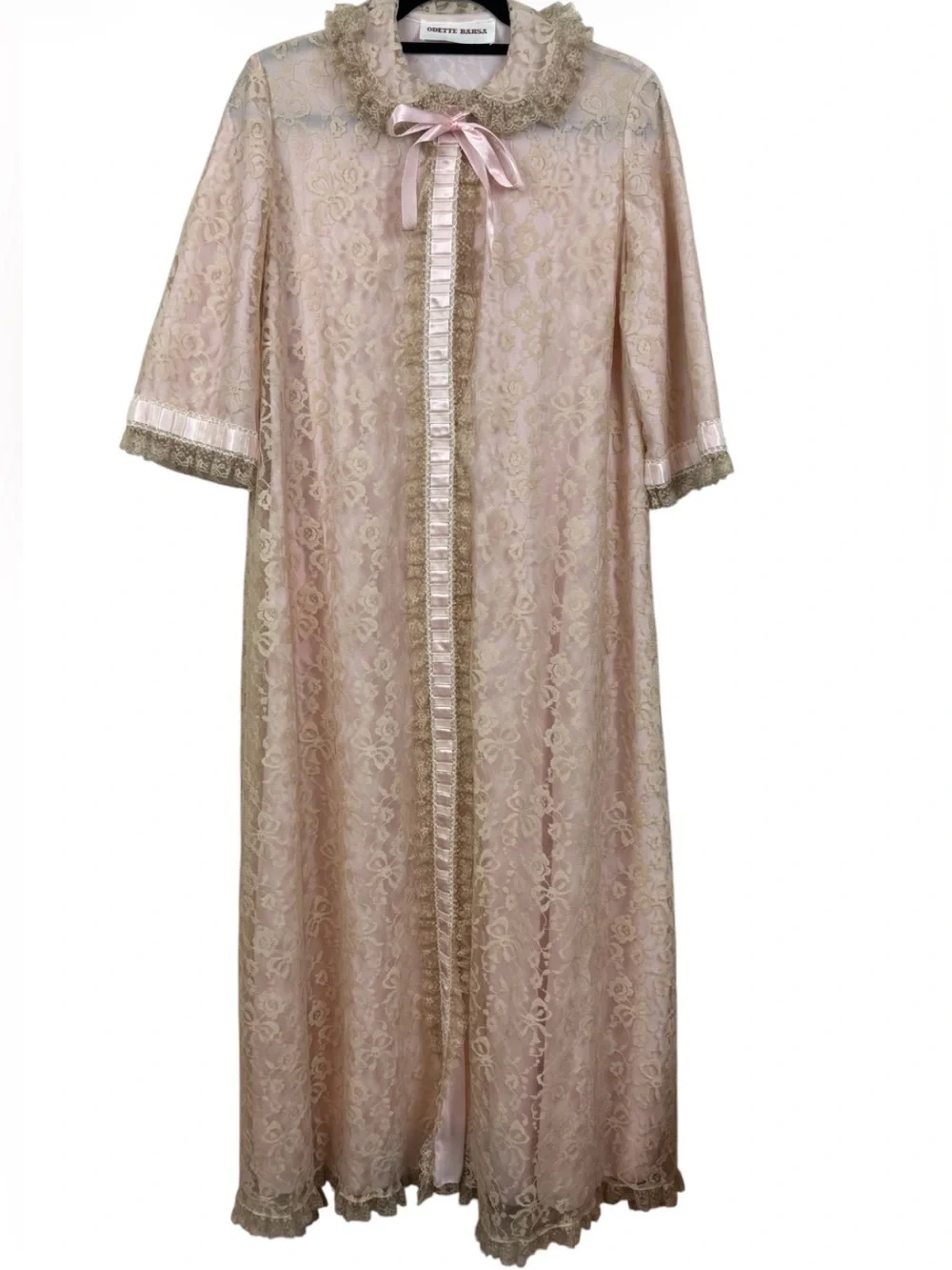 vintage Odette Barsa blush pink lace dressing gown